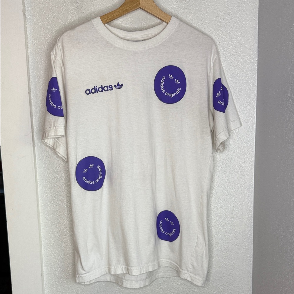 Adidas SS Smiles White Graphic Logo Dot Print T-Shirt Purple Trefoil Tee large